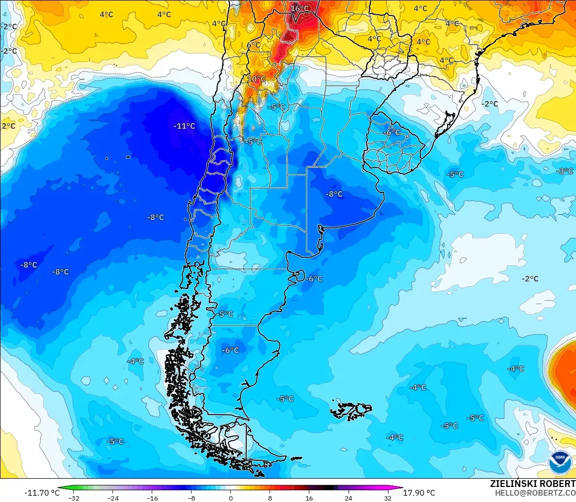 GFS modelo - Argentina, Anomalía de temperatura a 850 hPa