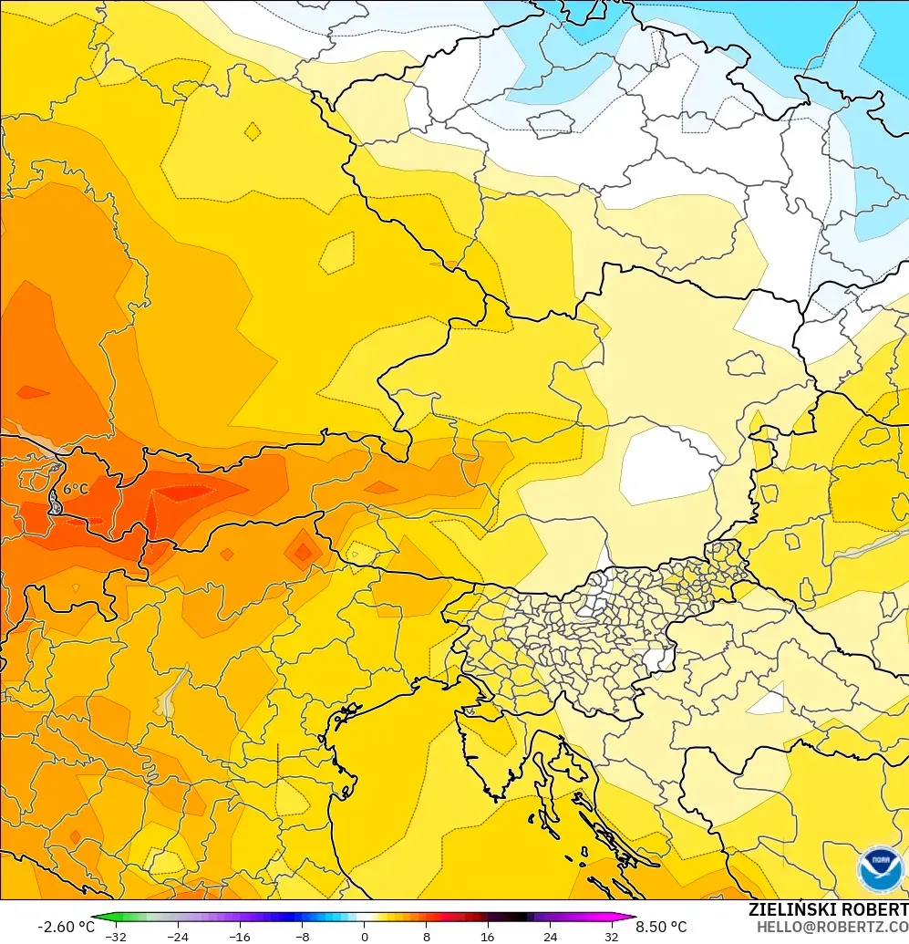 GFS modelo - Austria, Anomalía de temperatura a 850 hPa