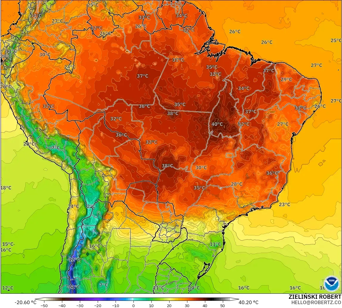 GFS modelo - Brasil, Temperatura a 2 m