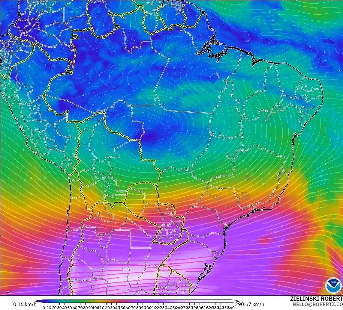 GFS modelo - Brasil, Viento a 300 hPa (corriente en chorro)