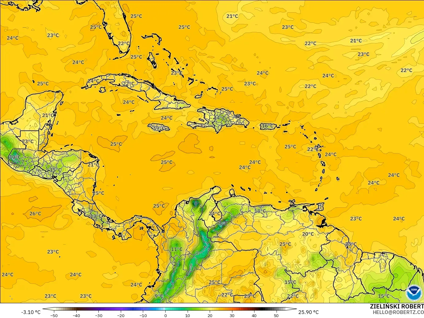 GFS modelo - Caribe, Punto de rocío a 2 m