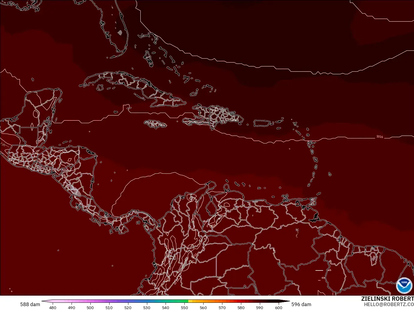 GFS modelo - Caribe, Altura geopotencial a 500 hPa