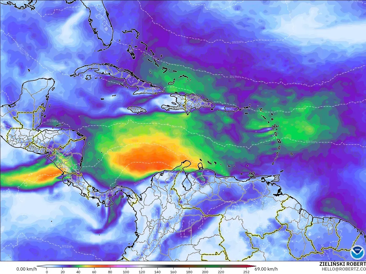 GFS modelo - Caribe, Ráfagas de Viento Máximas