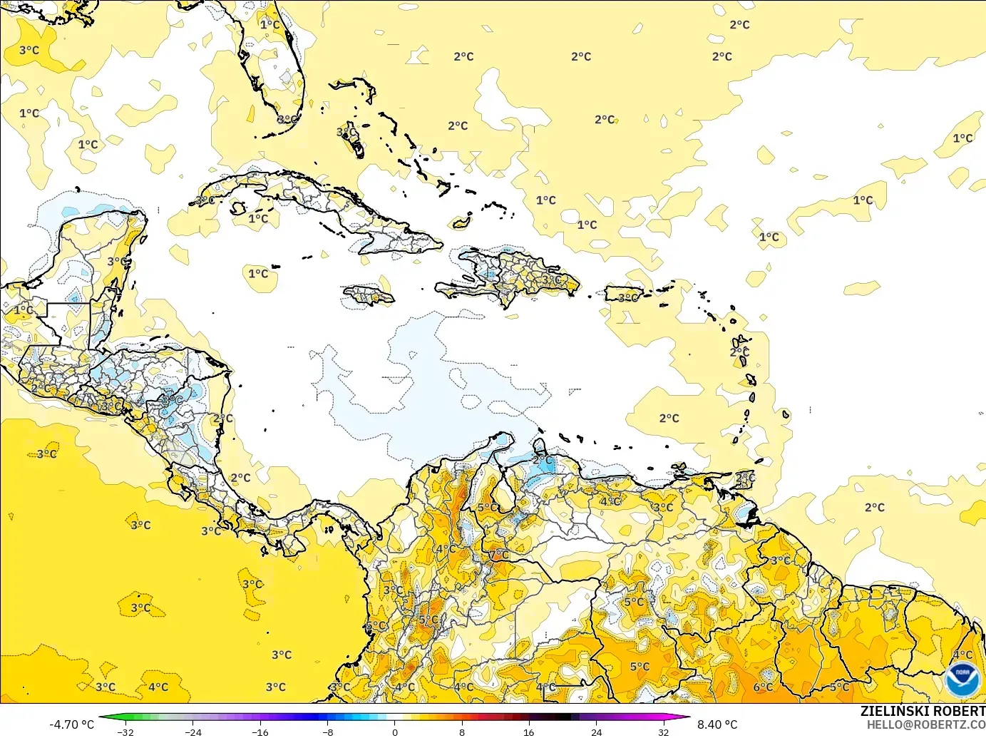 GFS modelo - Caribe, Anomalía de temperatura a 2 m
