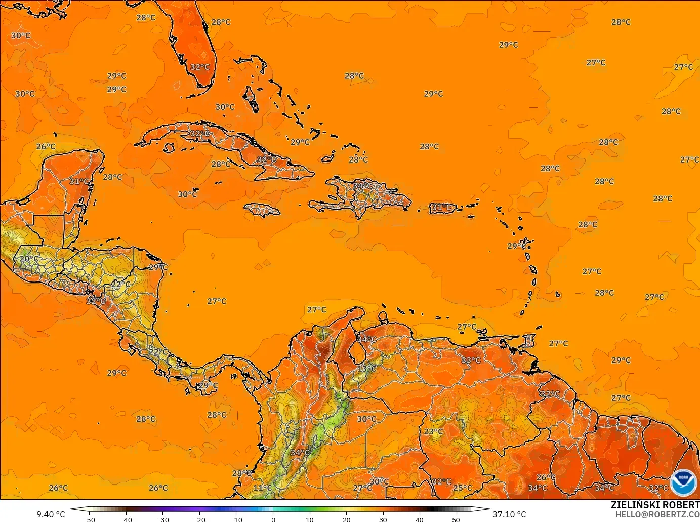 GFS modelo - Caribe, Temperatura a 2 m