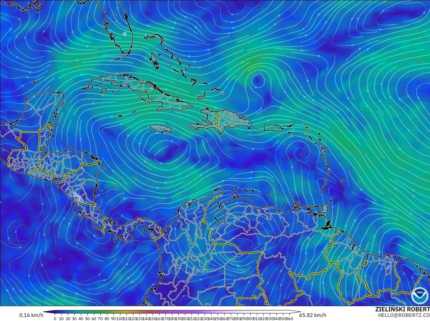 GFS modelo - Caribe, Viento a 300 hPa (corriente en chorro)