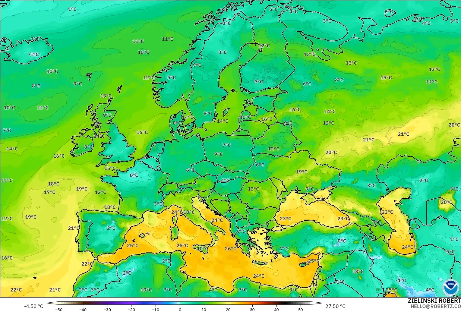 GFS modelo - Europa, Punto de rocío a 2 m