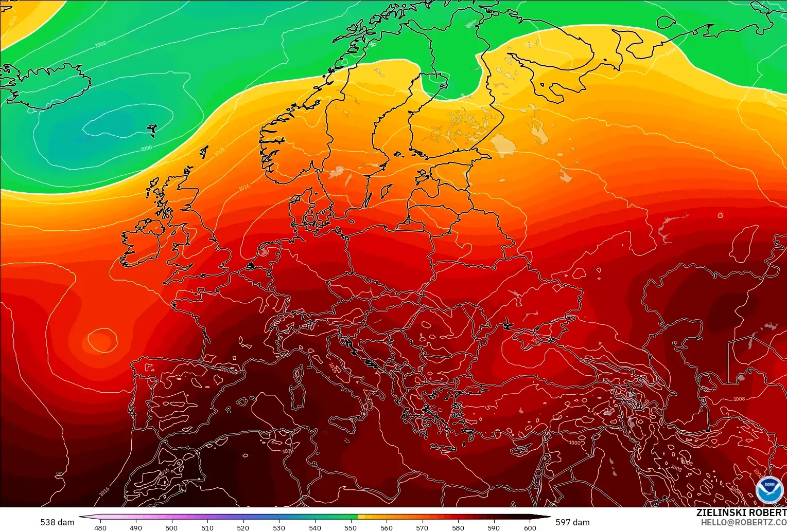 GFS modelo - Europa, Altura geopotencial a 500 hPa