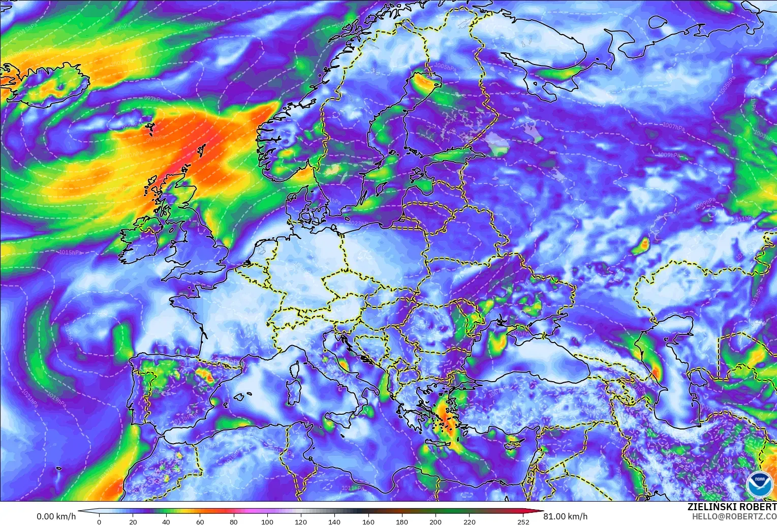 GFS modelo - Europa, Ráfagas de Viento Máximas