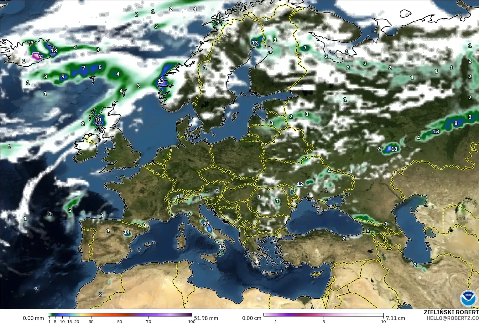 GFS modelo - Europa, Precipitación, nubes y presión