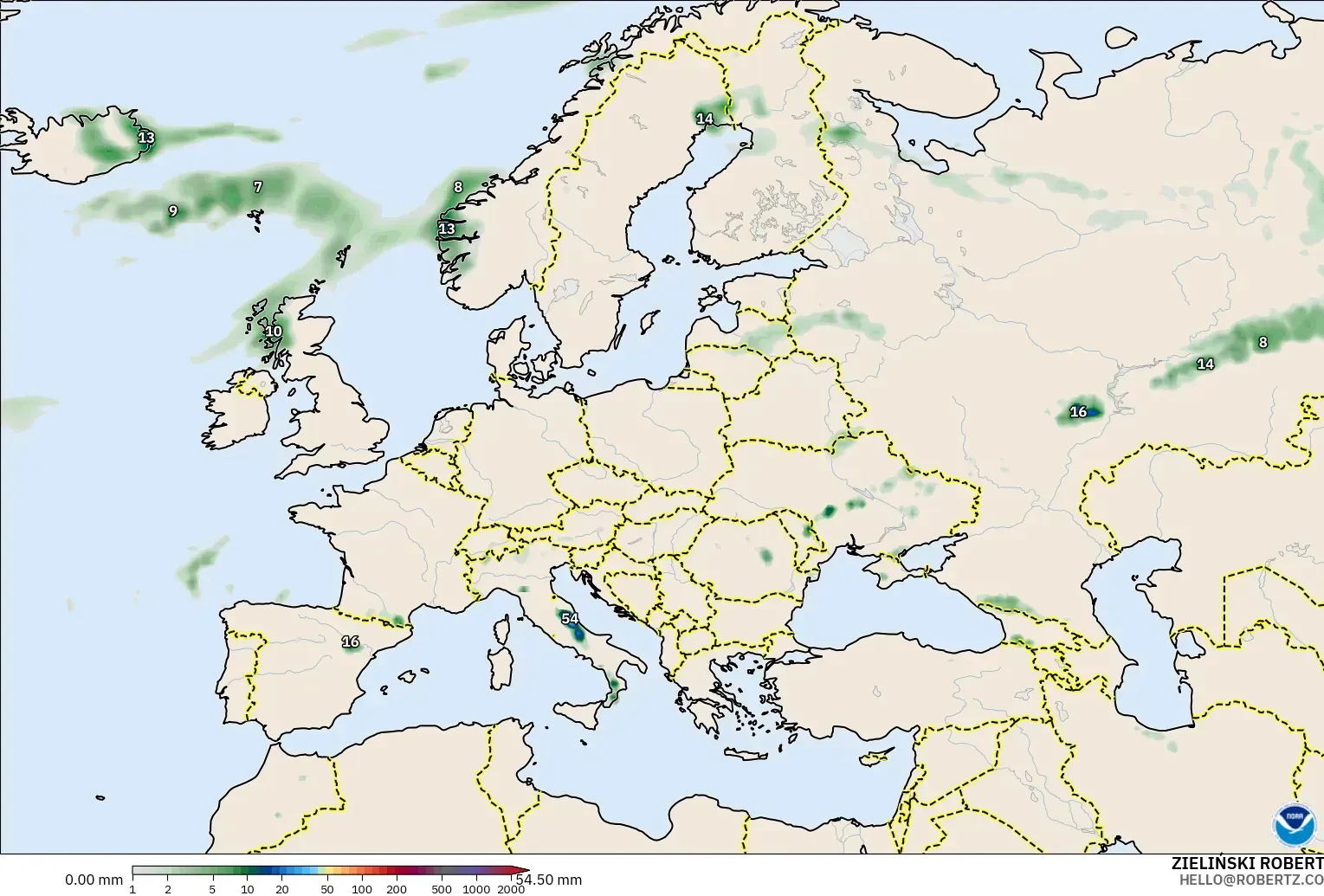 GFS modelo - Europa, Acumulación de precipitación