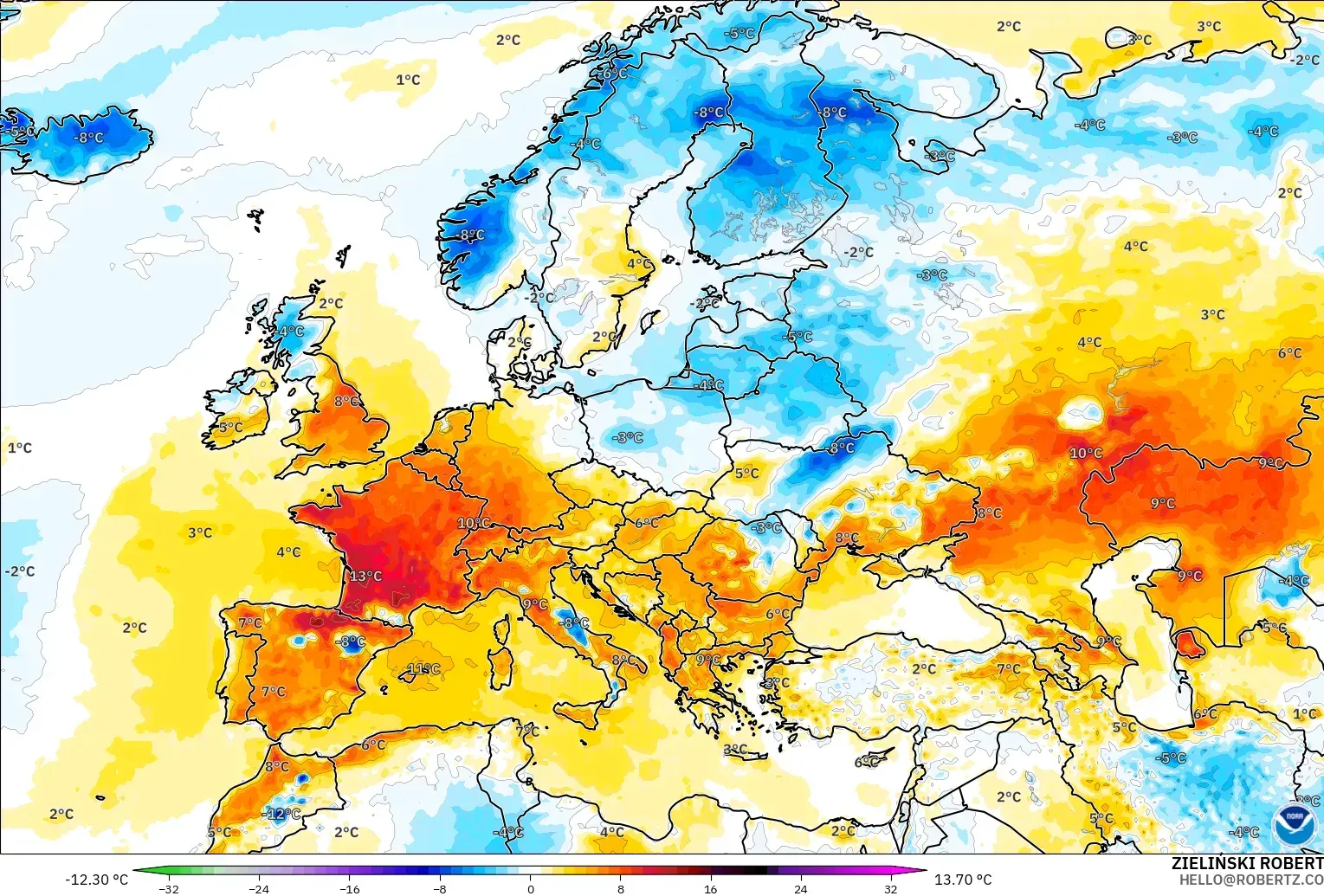 GFS modelo - Europa, Anomalía de temperatura a 2 m