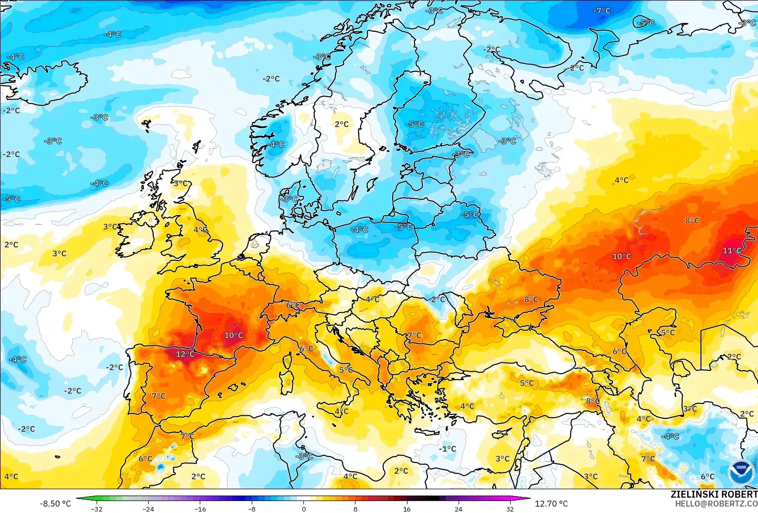 GFS modelo - Europa, Anomalía de temperatura a 850 hPa