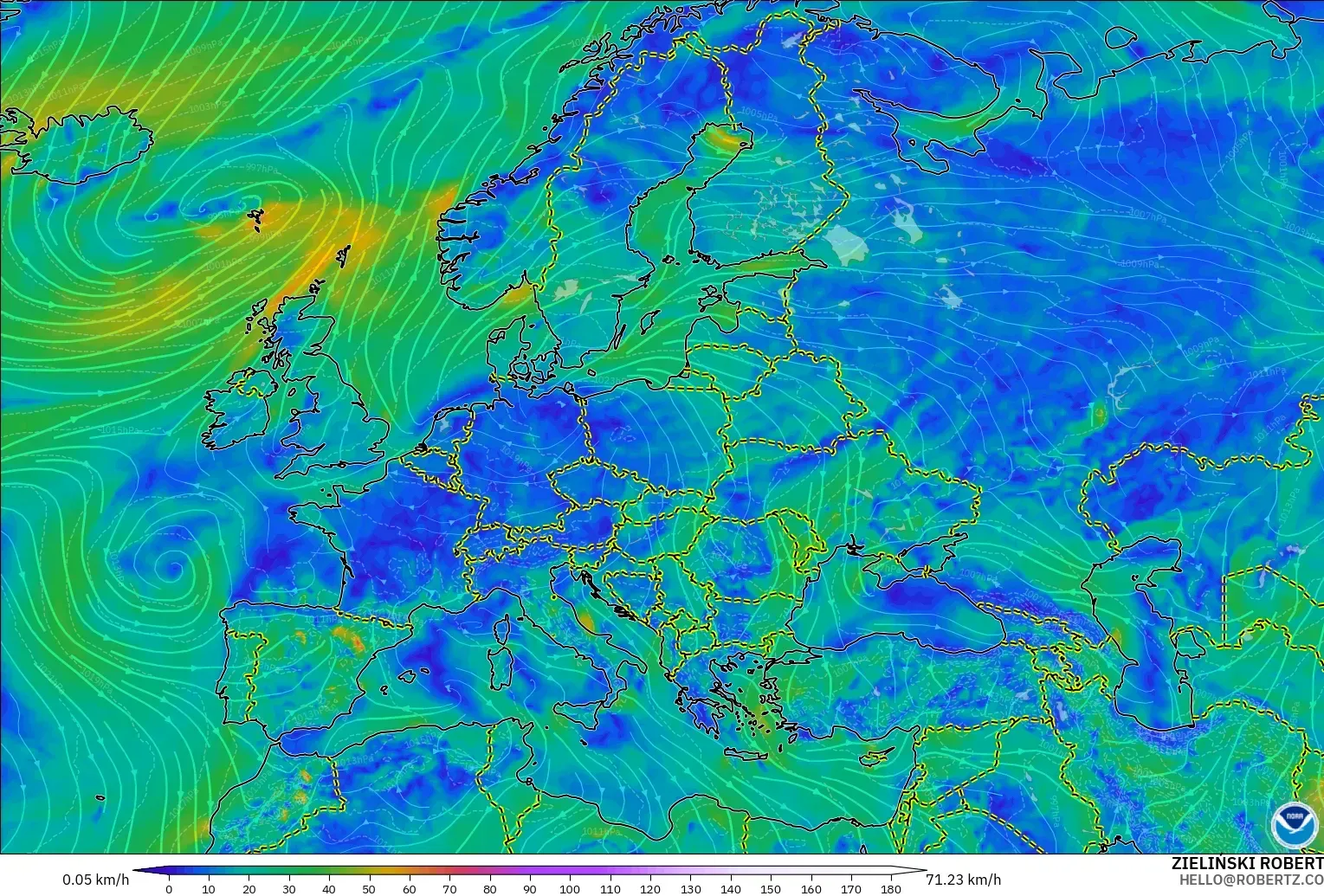 GFS modelo - Europa, Viento a 10 m
