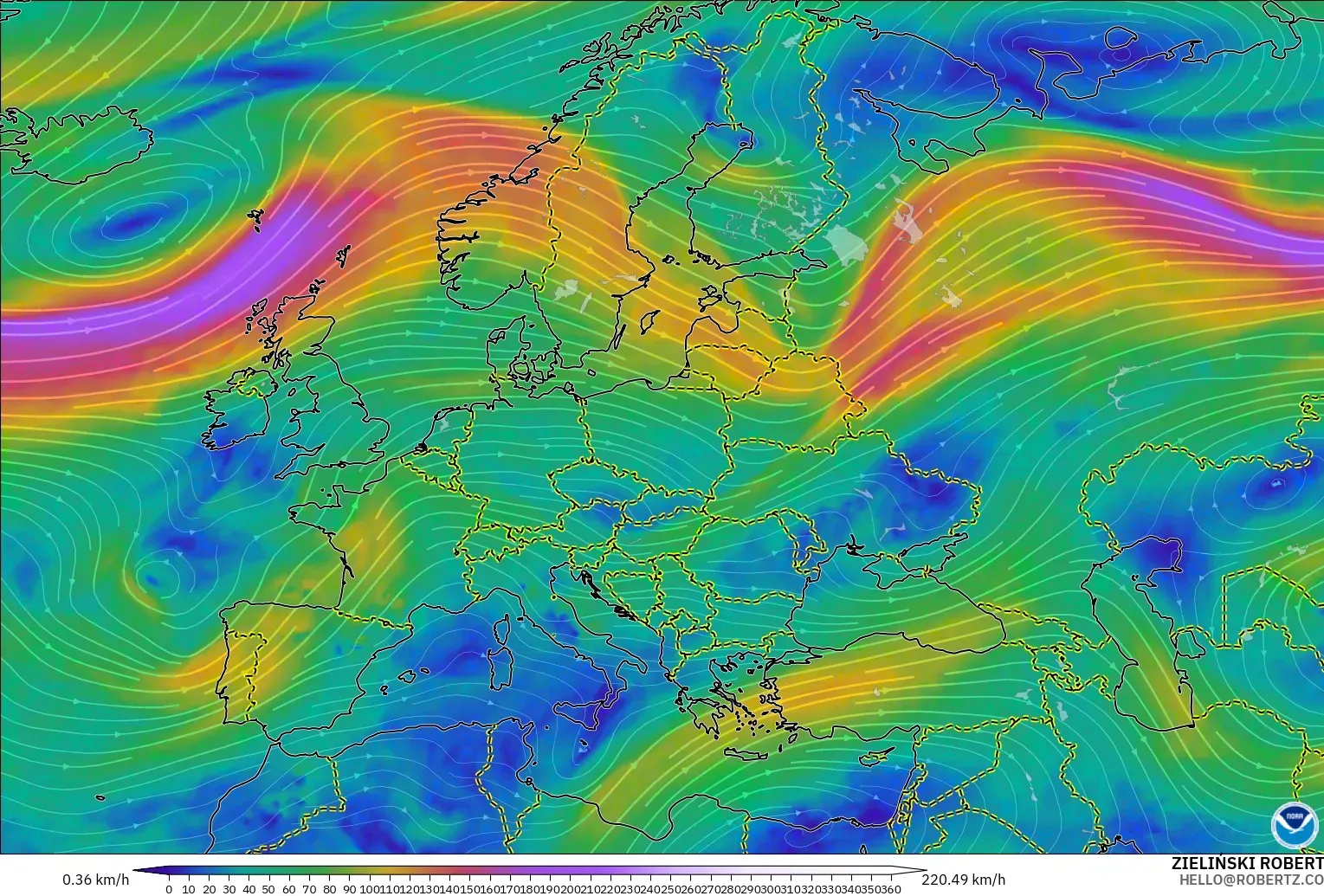 GFS modelo - Europa, Viento a 300 hPa (corriente en chorro)