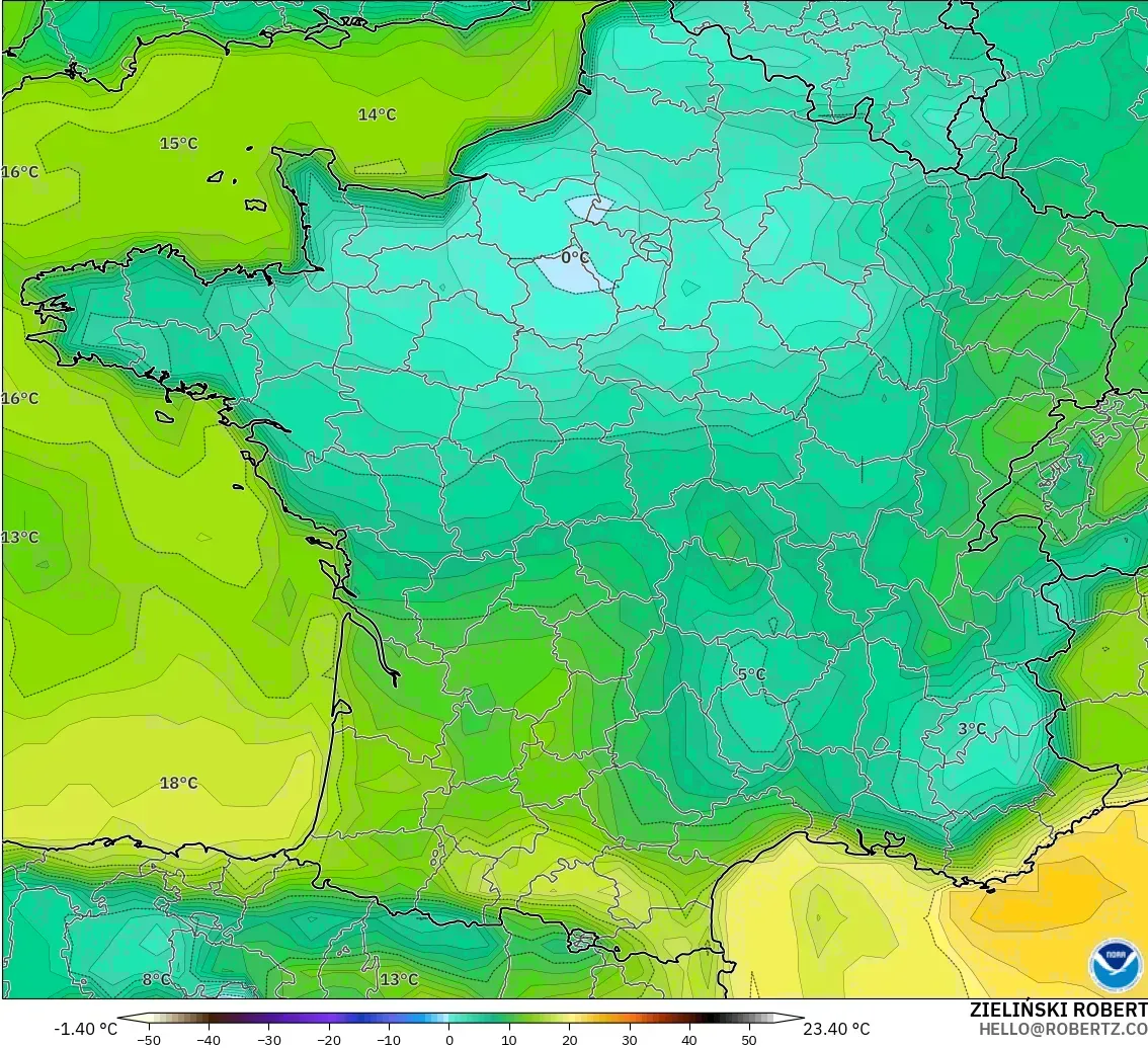 GFS modelo - Francia, Punto de rocío a 2 m