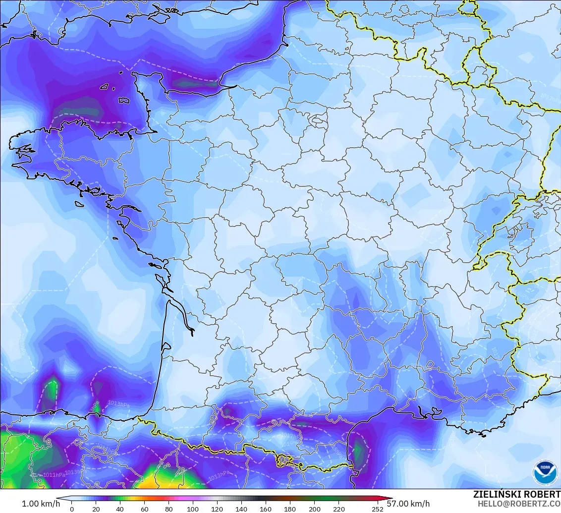 GFS modelo - Francia, Ráfagas de Viento Máximas