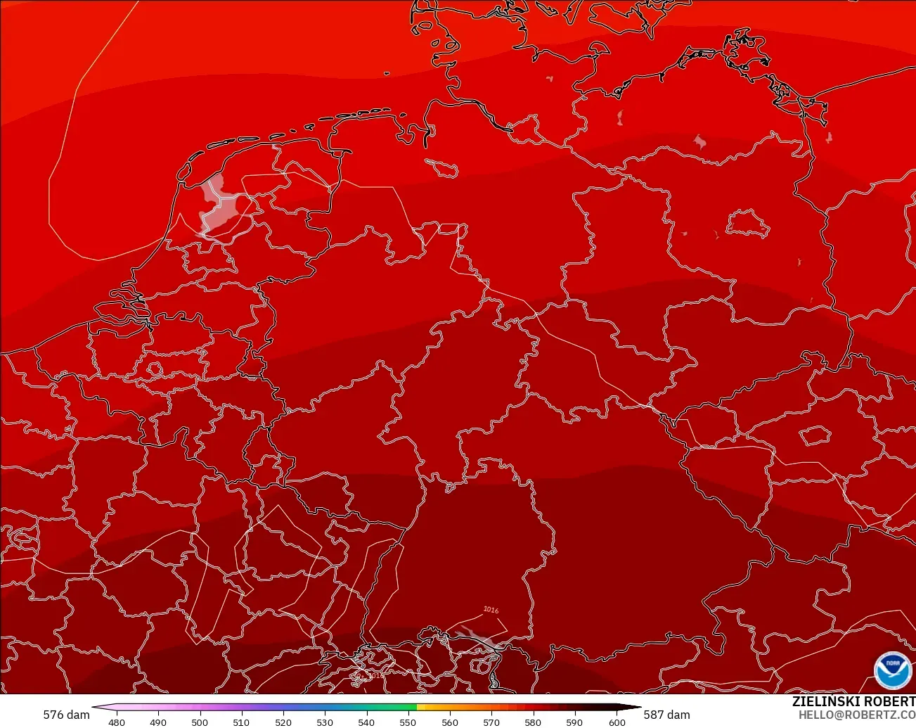 GFS modelo - Alemania, Altura geopotencial a 500 hPa