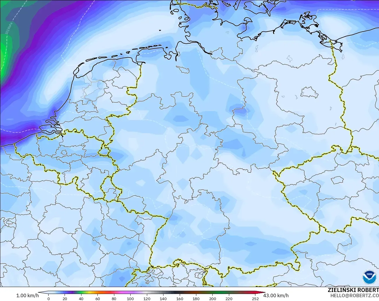GFS modelo - Alemania, Ráfagas de Viento Máximas