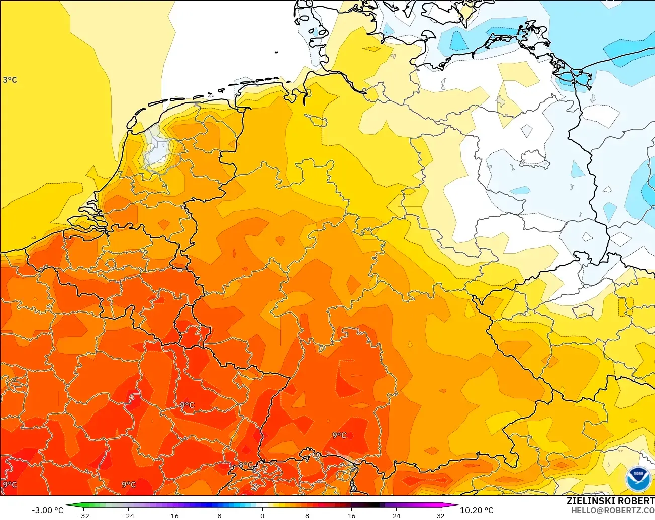 GFS modelo - Alemania, Anomalía de temperatura a 2 m