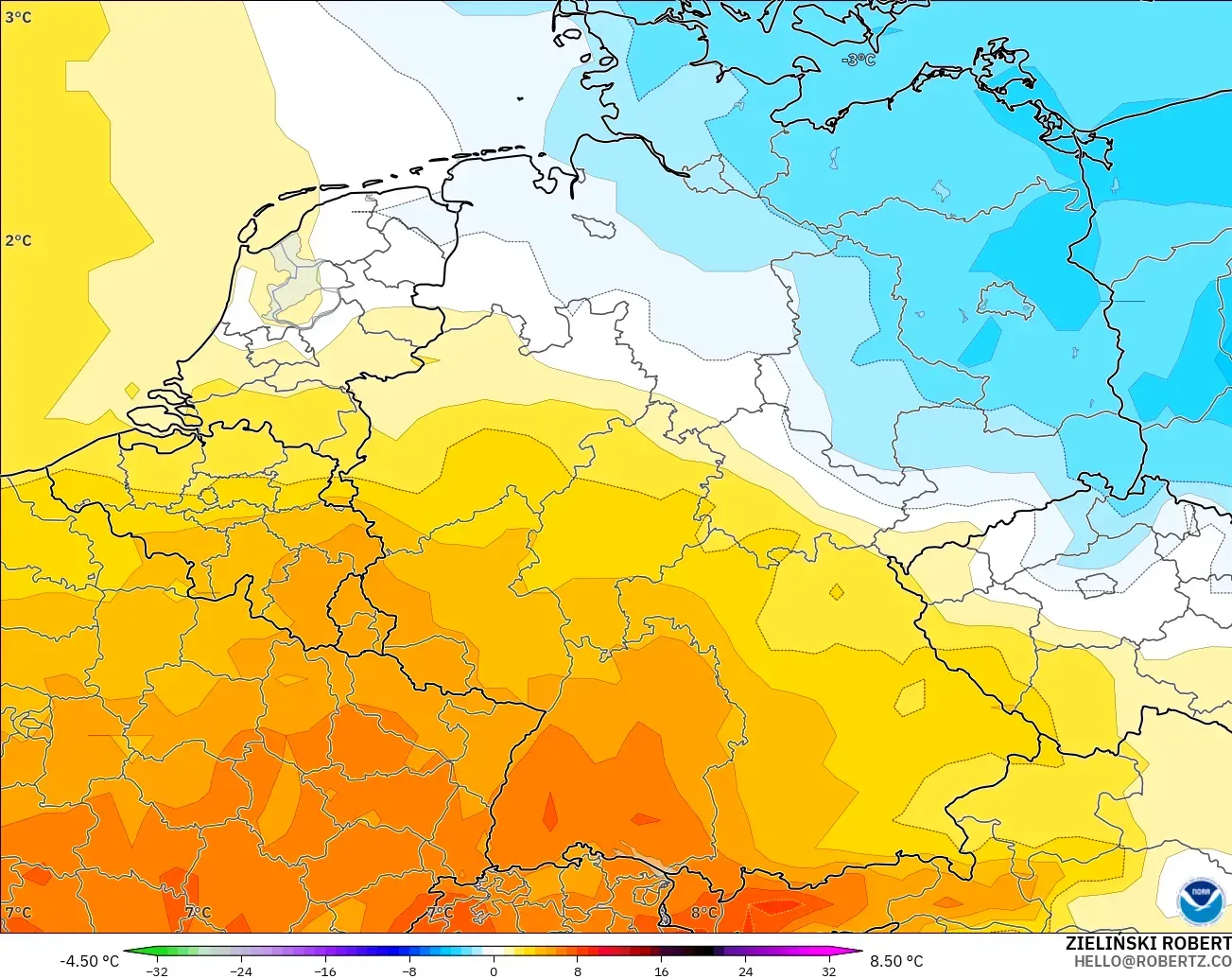GFS modelo - Alemania, Anomalía de temperatura a 850 hPa