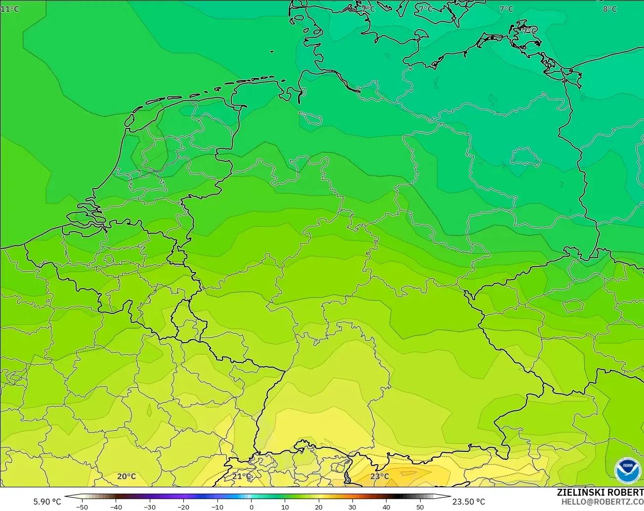 GFS modelo - Alemania, Temperatura a 850 hPa