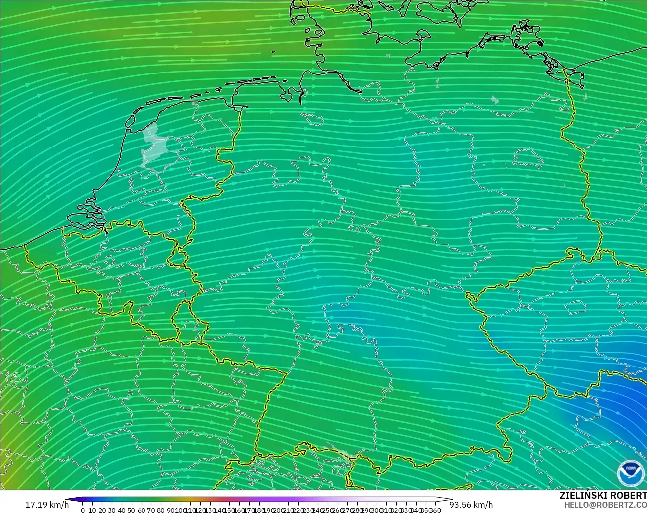 GFS modelo - Alemania, Viento a 300 hPa (corriente en chorro)