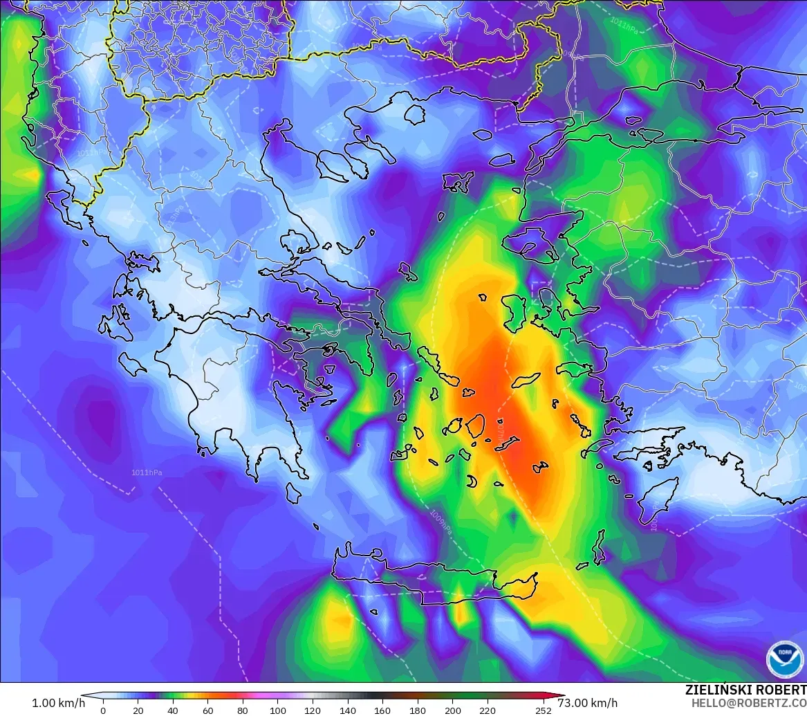 GFS modelo - Grecia, Ráfagas de viento