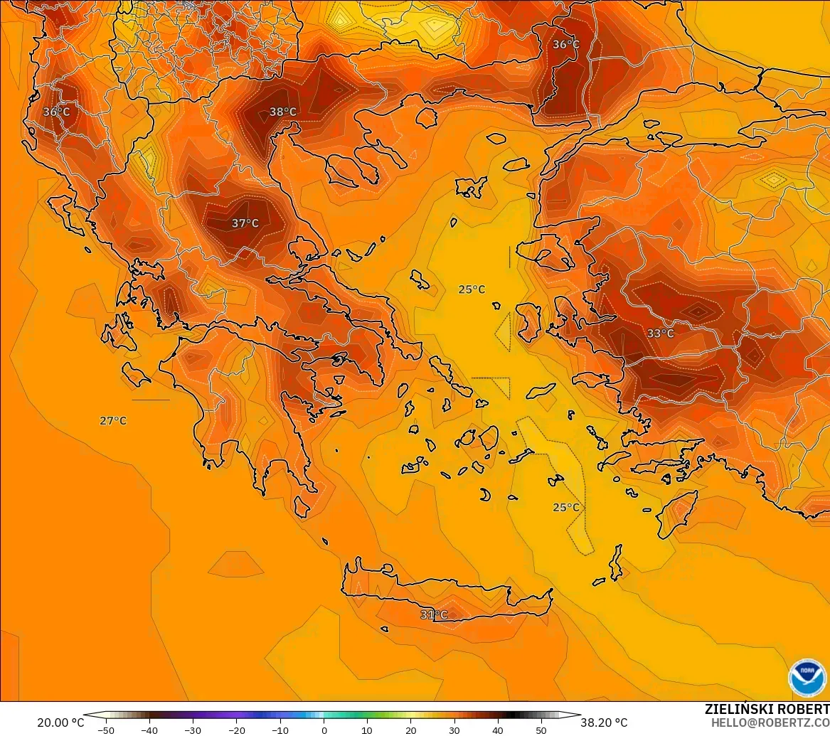 GFS modelo - Grecia, Temperatura a 2 m