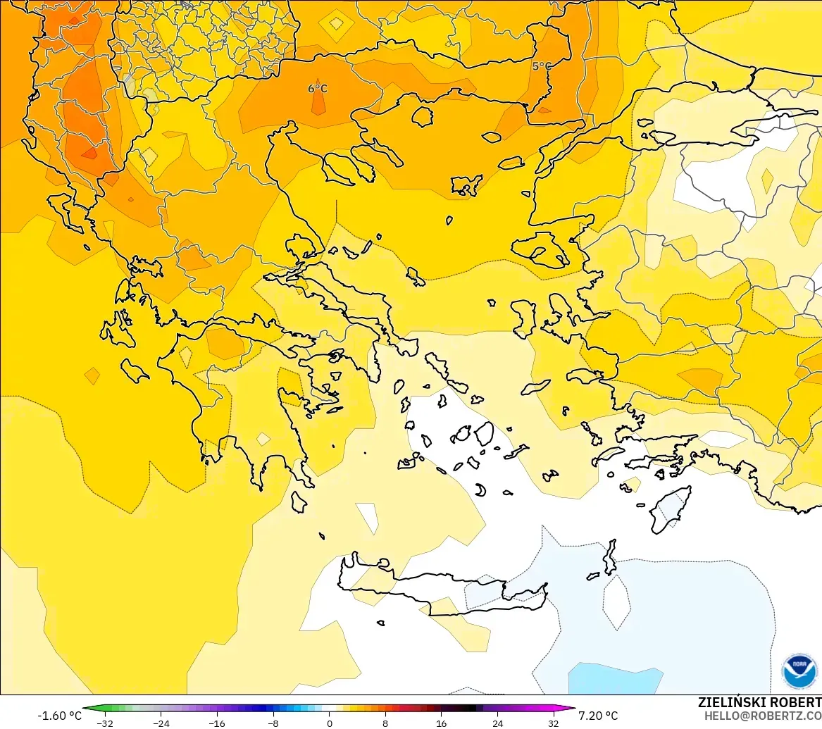 GFS modelo - Grecia, Anomalía de temperatura a 850 hPa