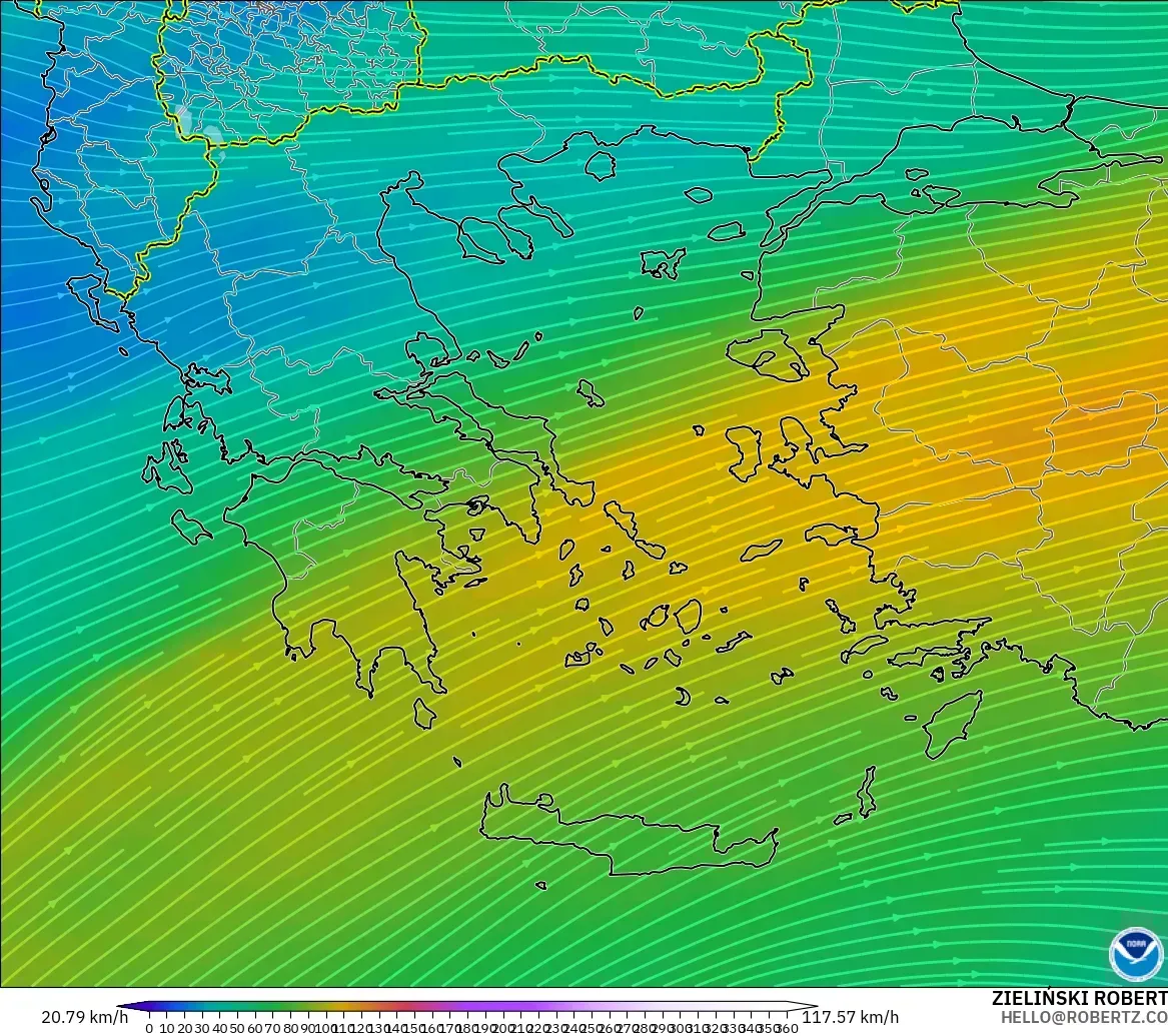 GFS modelo - Grecia, Viento a 300 hPa (corriente en chorro)