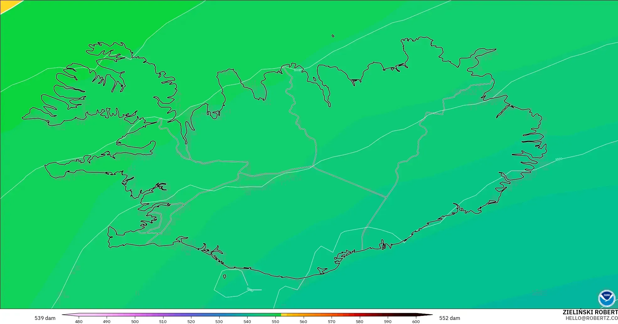 GFS modelo - Islandia, Altura geopotencial a 500 hPa