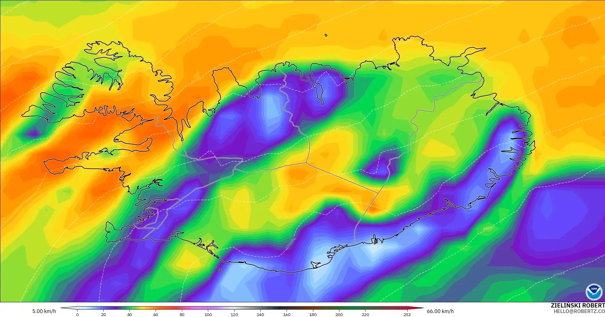 GFS modelo - Islandia, Ráfagas de viento