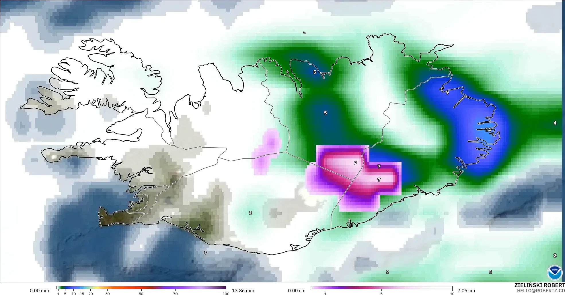 GFS modelo - Islandia, Precipitación, nubes y presión