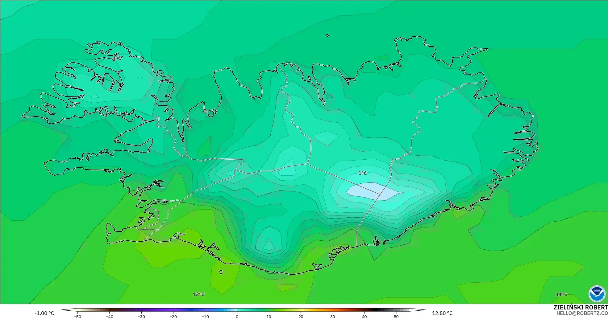 GFS modelo - Islandia, Temperatura a 2 m