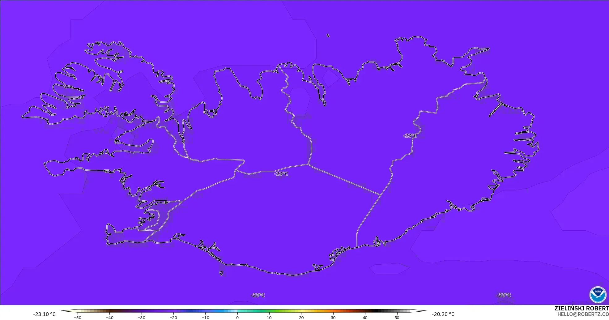 GFS modelo - Islandia, Temperatura a 500 hPa