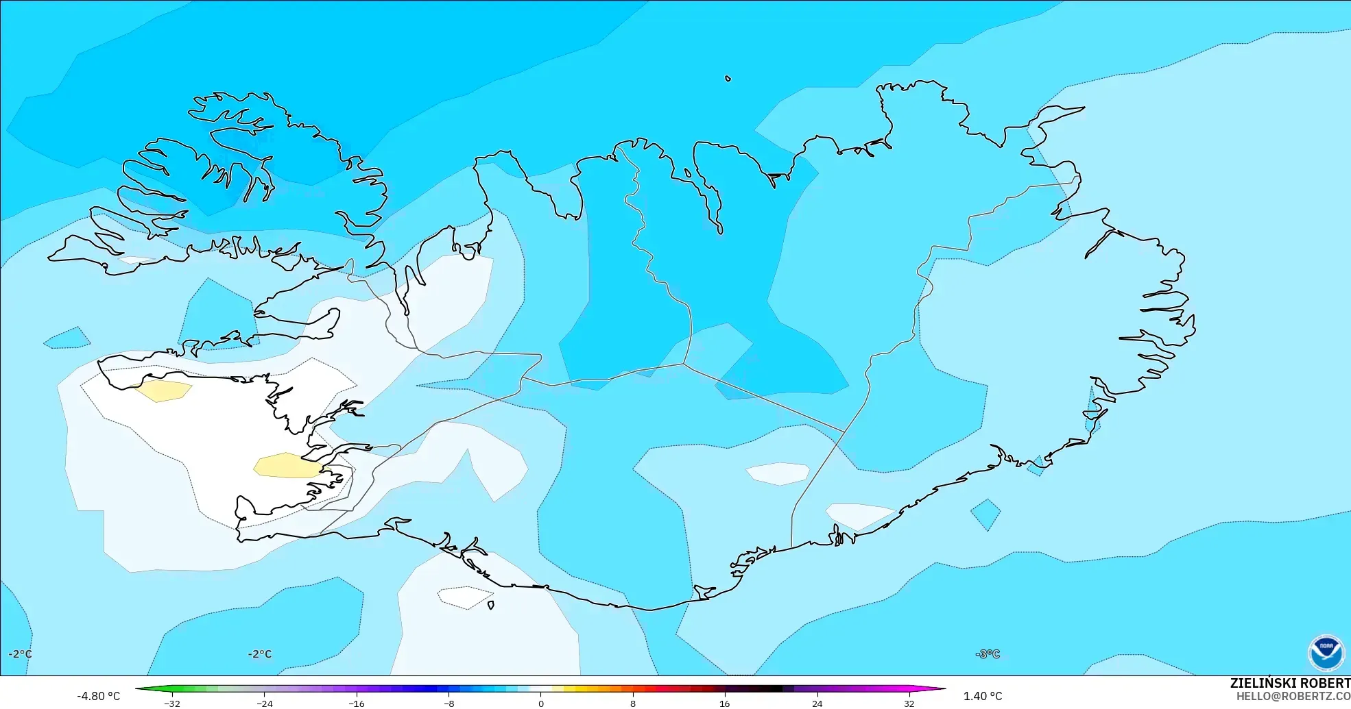 GFS modelo - Islandia, Anomalía de temperatura a 850 hPa