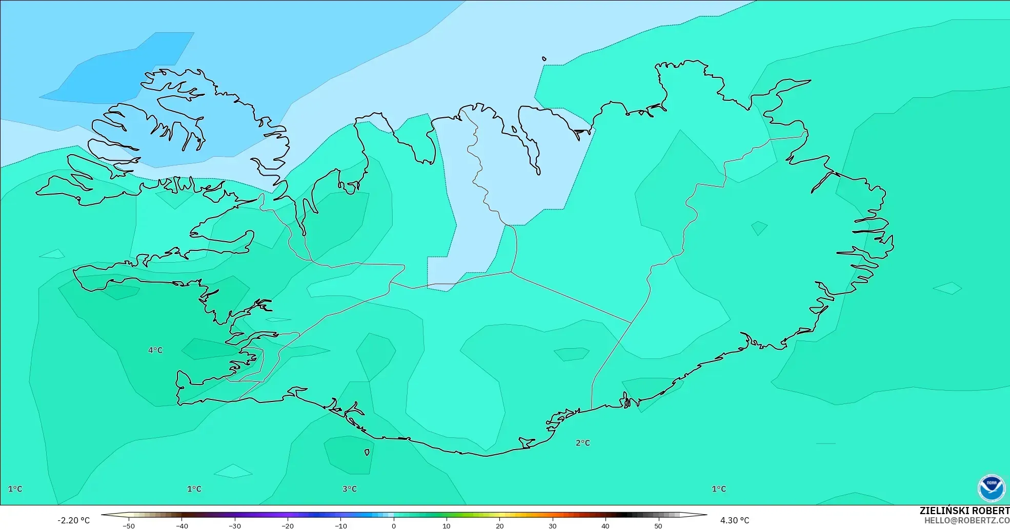 GFS modelo - Islandia, Temperatura a 850 hPa