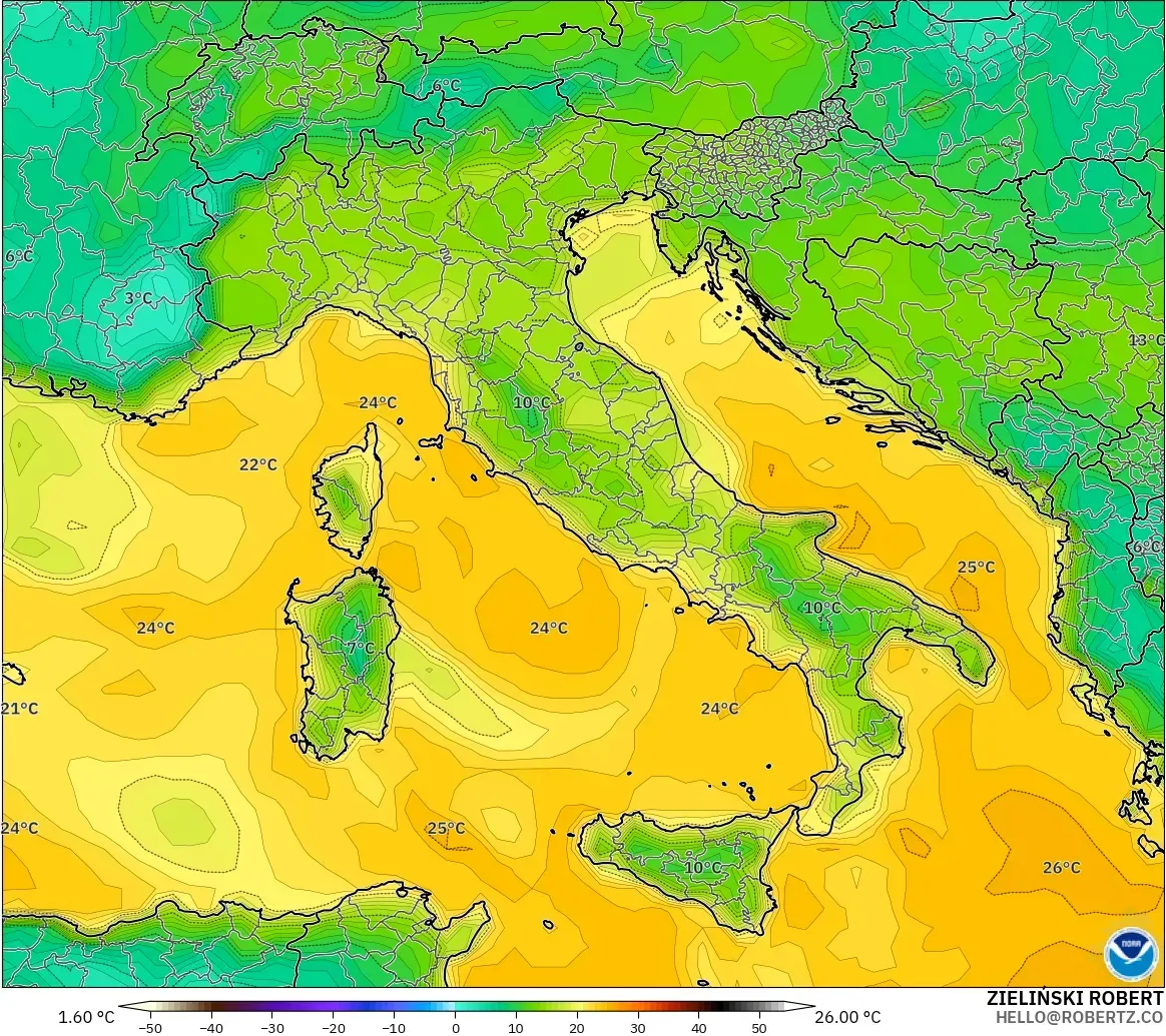 GFS modelo - Italia, Punto de rocío a 2 m