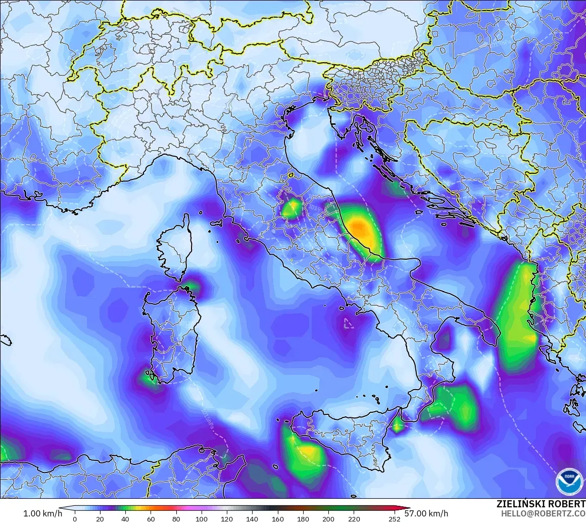 GFS modelo - Italia, Ráfagas de Viento Máximas