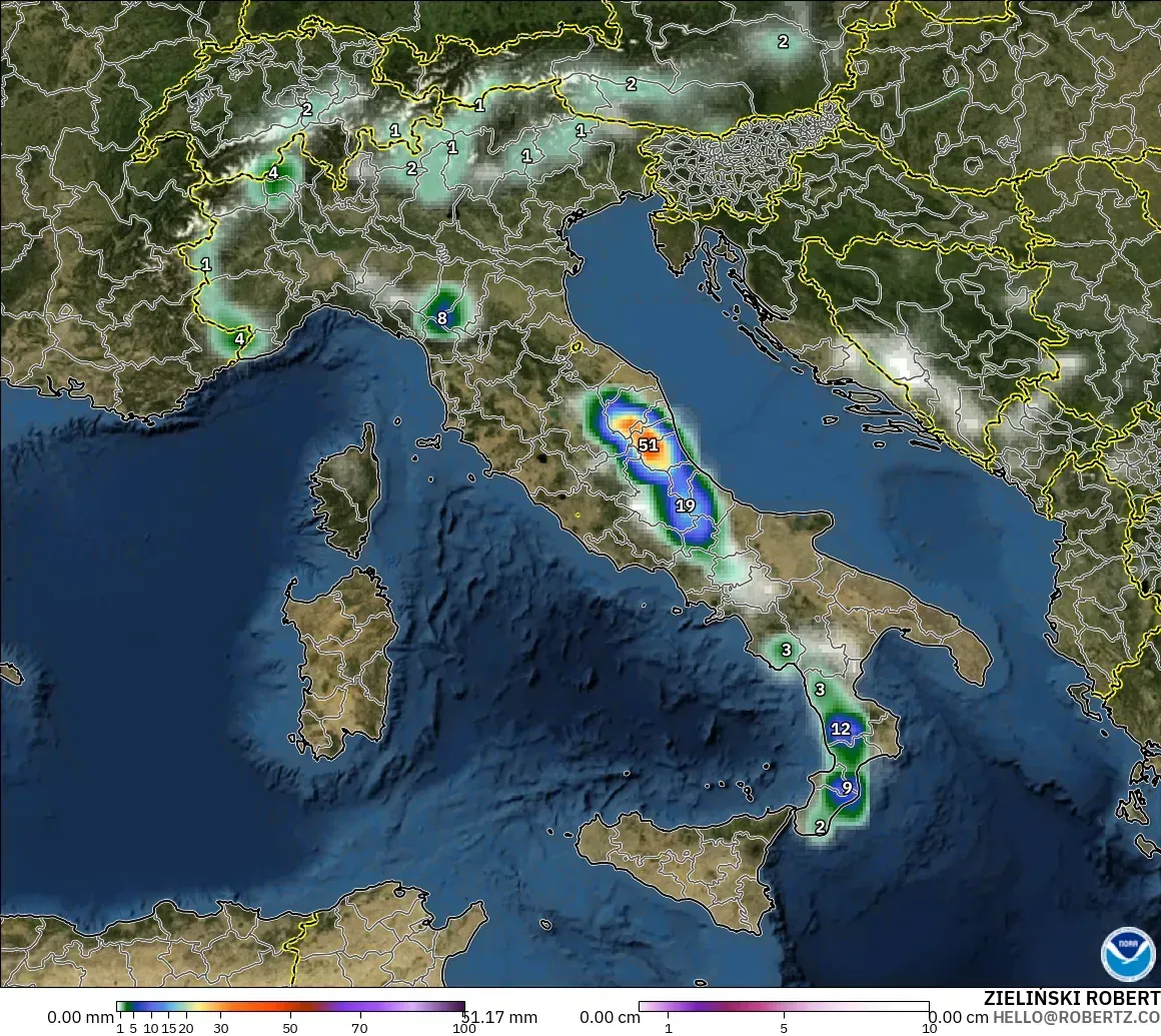 GFS modelo - Italia, Precipitación, nubes y presión