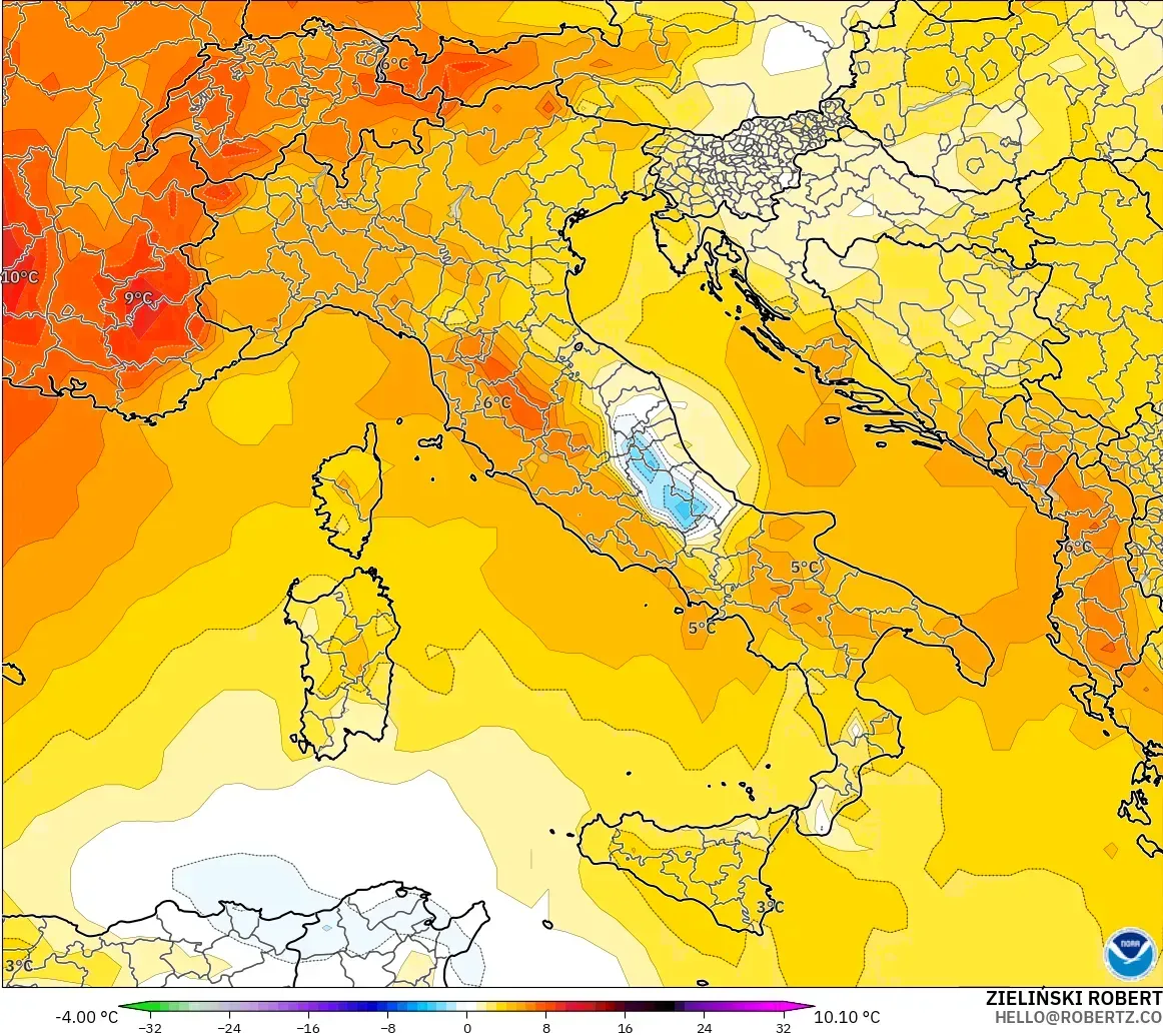 GFS modelo - Italia, Anomalía de temperatura a 850 hPa