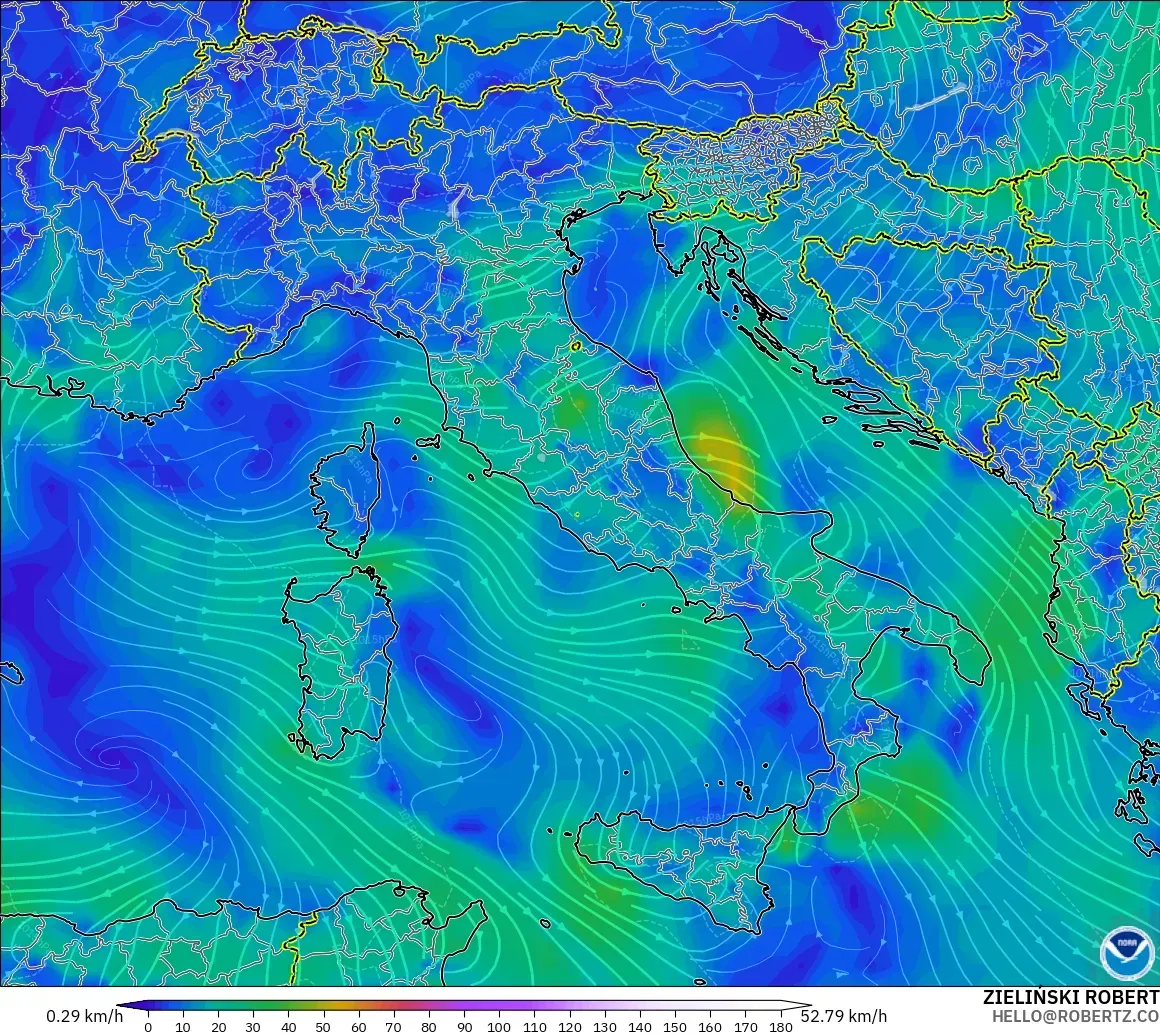GFS modelo - Italia, Viento a 10 m