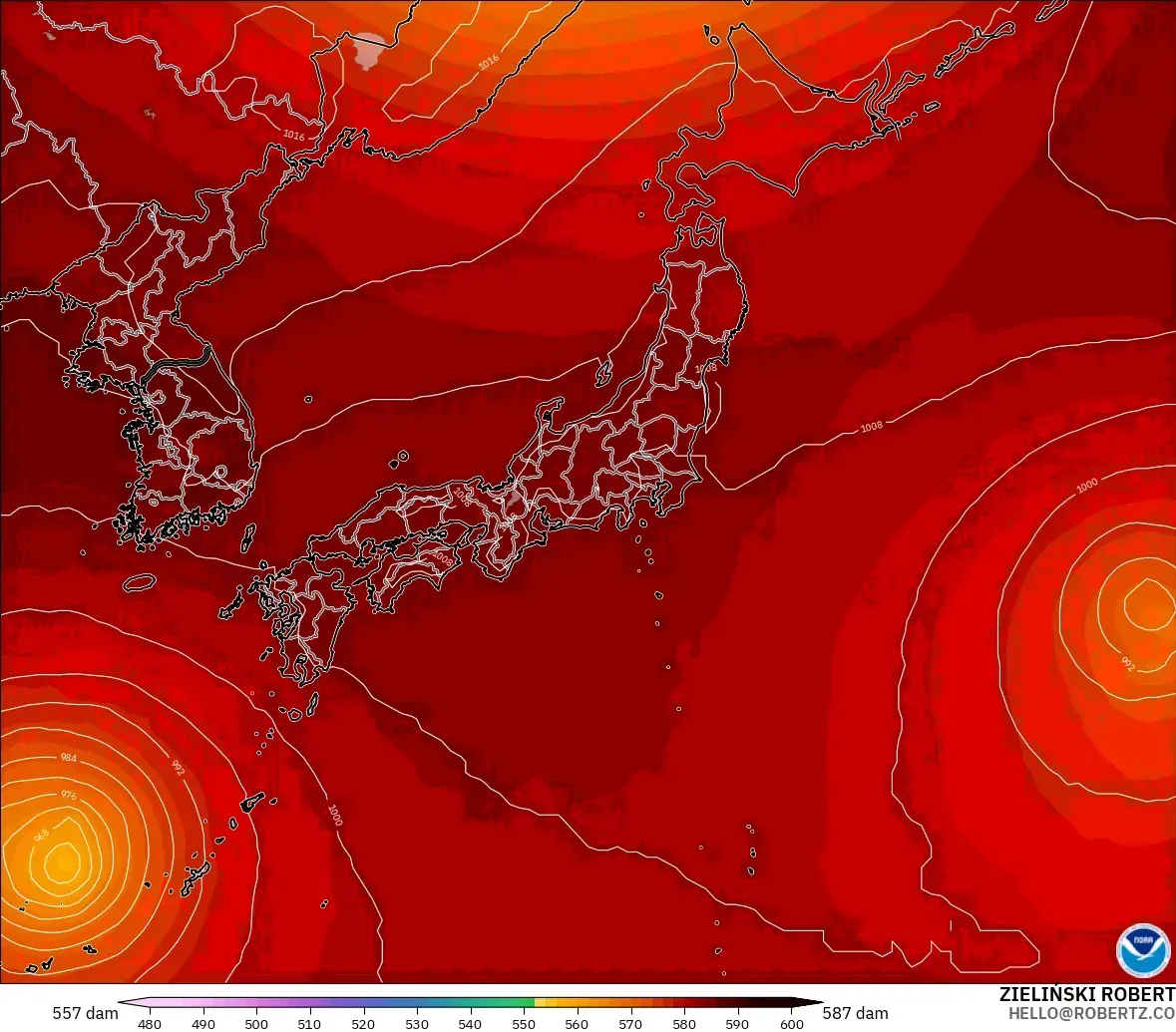 GFS modelo - Japón, Altura geopotencial a 500 hPa