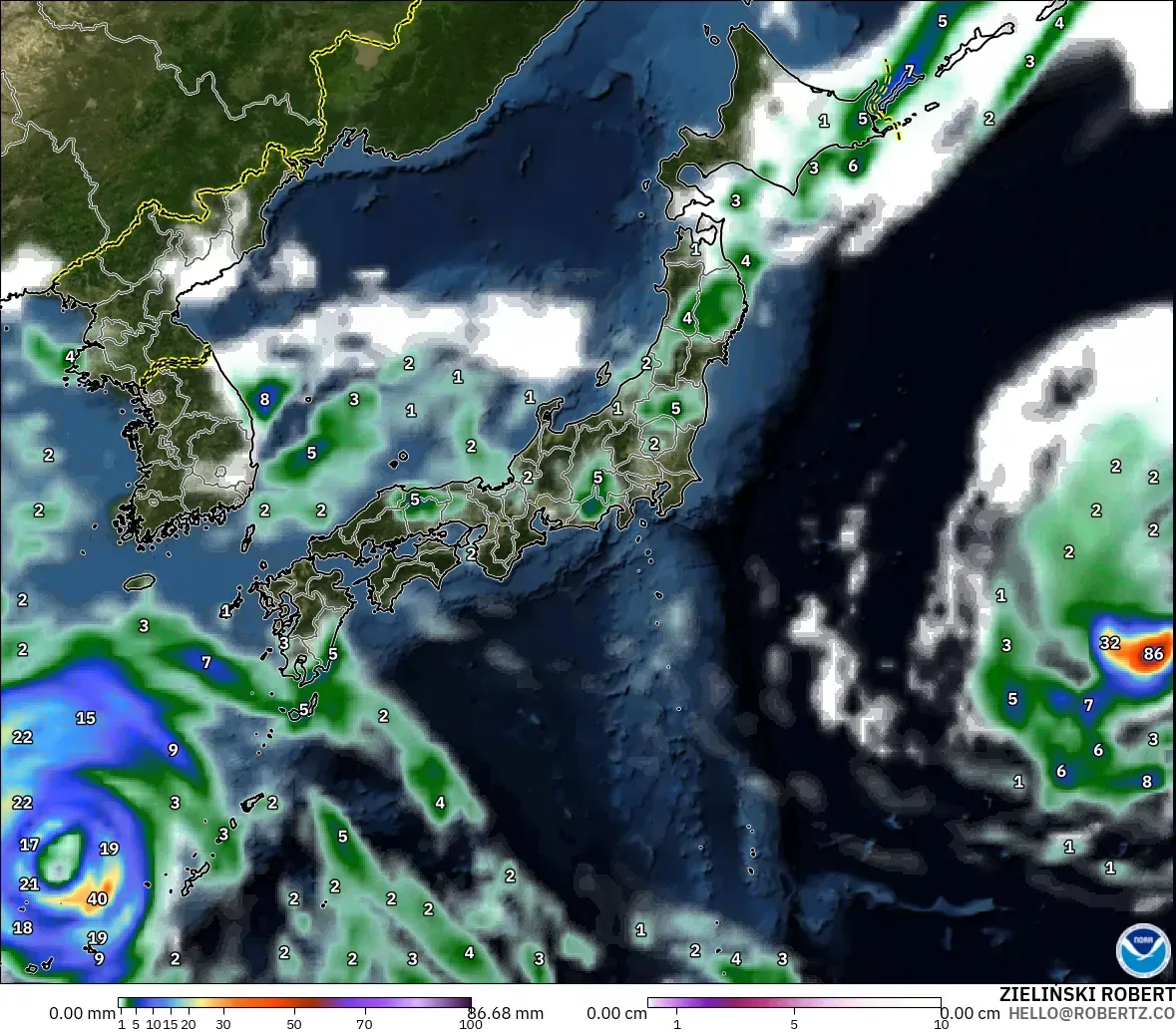 GFS modelo - Japón, Precipitación, nubes y presión