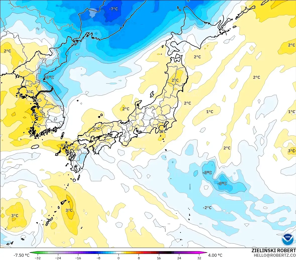 GFS modelo - Japón, Anomalía de temperatura a 850 hPa