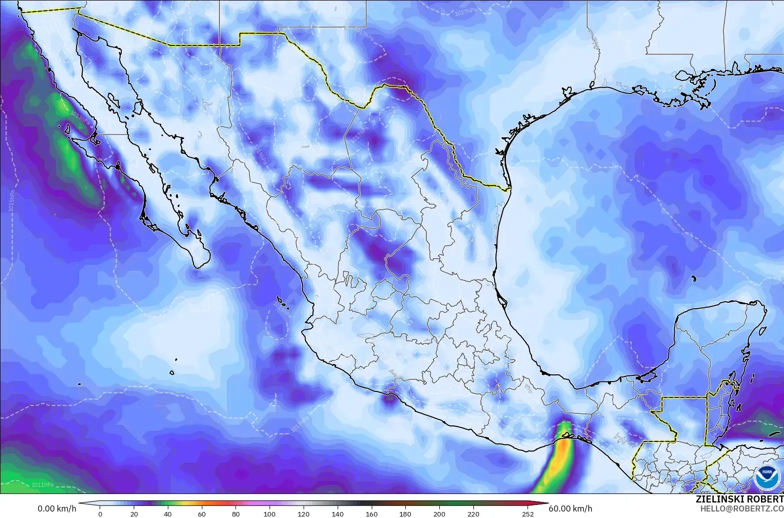 GFS modelo - México, Ráfagas de Viento Máximas