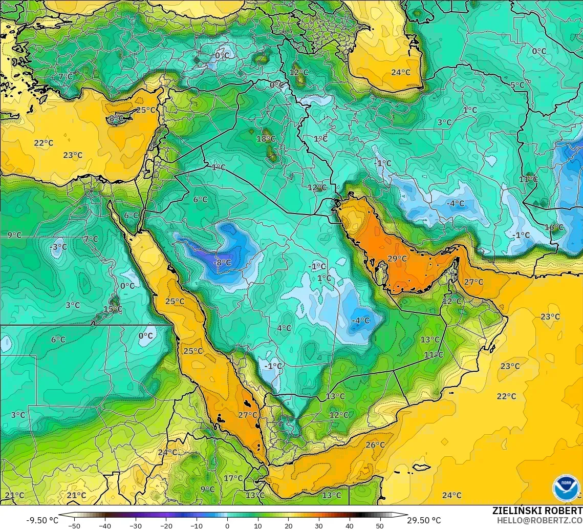 GFS modelo - Oriente Medio, Punto de rocío a 2 m