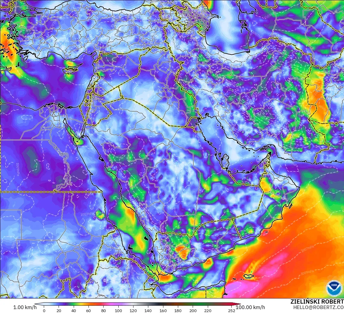 GFS modelo - Oriente Medio, Ráfagas de viento