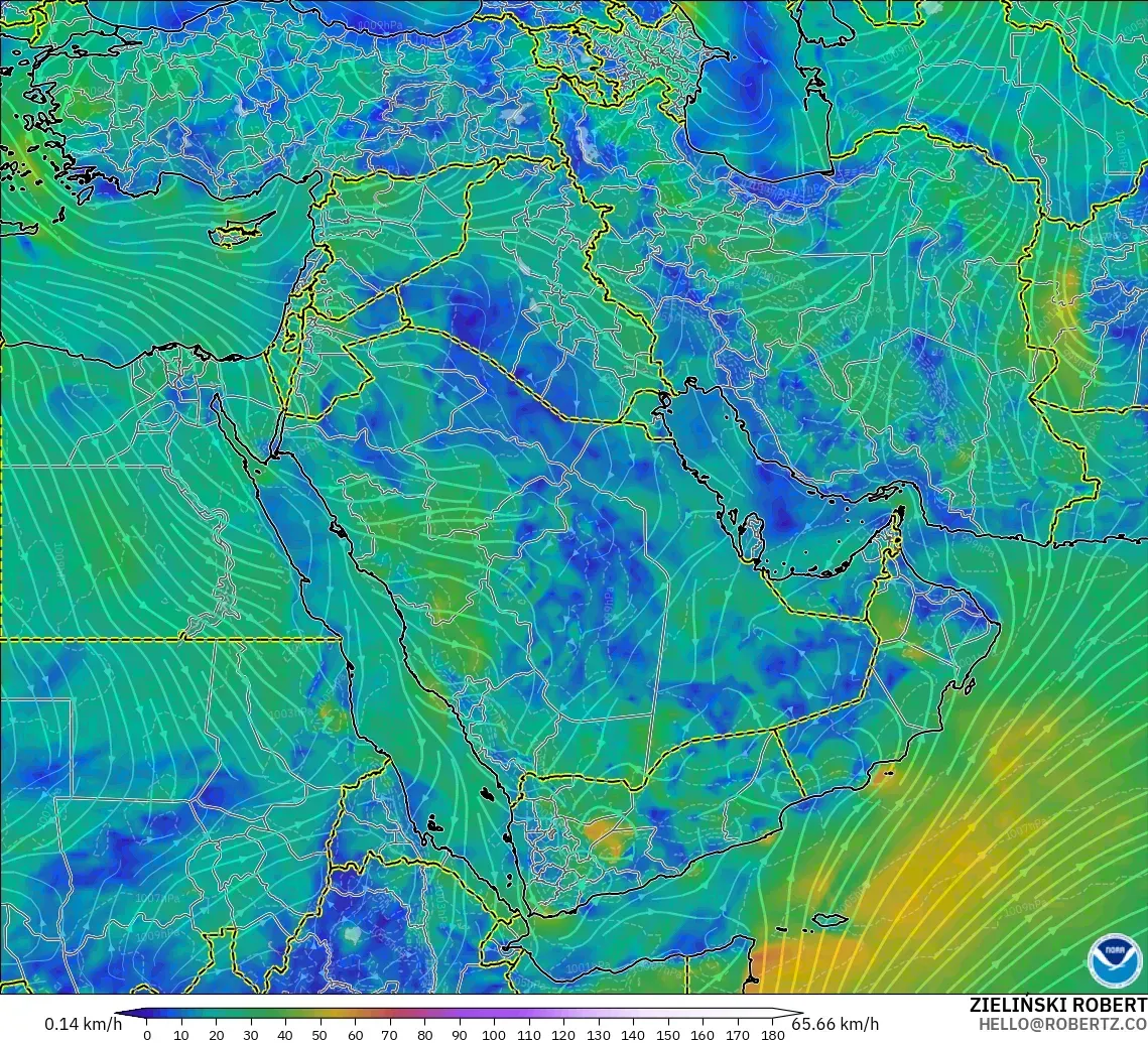 GFS modelo - Oriente Medio, Viento a 10 m